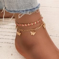 ICEEX 18k Gold Butterfly Ruby Anklet Set