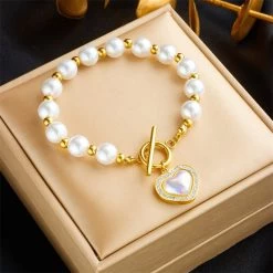 ICEEX 18k Gold Pearl Heart Diamond Bar Link Bracelet