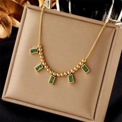 ICEEX 18k Gold Pearl Emerald Gem Rope Necklace