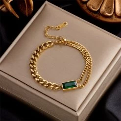 ICEEX 18k Gold Emerald Stone Cuban Bracelet