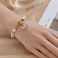 ICEEX 18k Gold Pearl Heart Diamond Bar Link Bracelet -Iceex S6ac539be2b244690898c3cc58026b5035