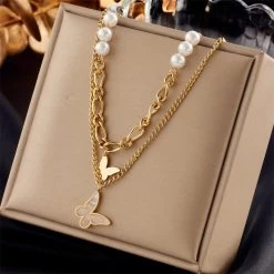ICEEX 18k Gold Butterfly Figaro Pearl Necklace Set