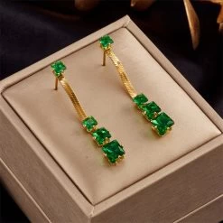 ICEEX 18k Gold Snake Chain Emerald Stone Earrings
