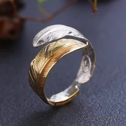 ICEEX Gold Silver Feather Adjustable Ring